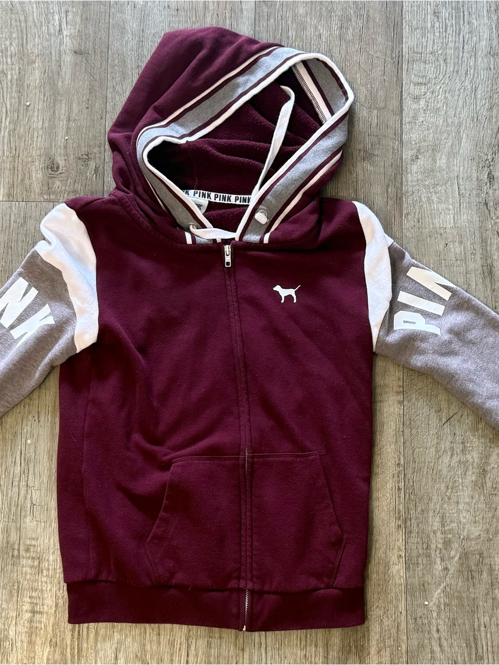 PINK Victoria's Secret Maroon Zip-Up Hoodie with Gray & White Sleeves